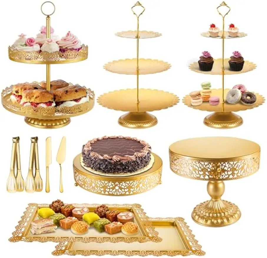 

Gold Tiered Cake Stand Set for Dessert Display, Cupcake Holder, Serving Tray with Plates and Utensils