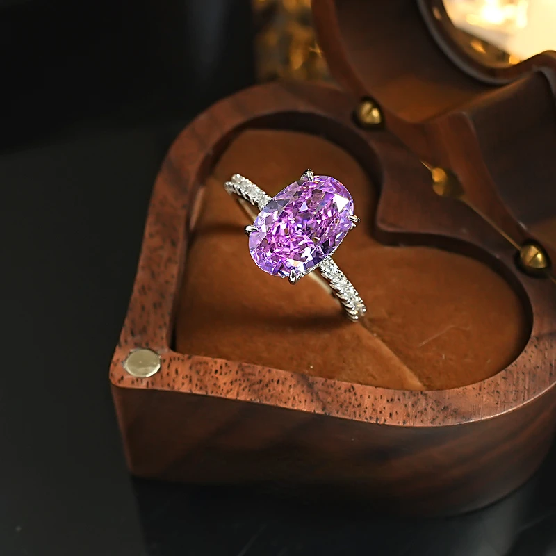 Violet 925 Silver Redion Ring Set with 8 * 12 High Carbon Diamond, Unique Design, Versatile Commuter Style