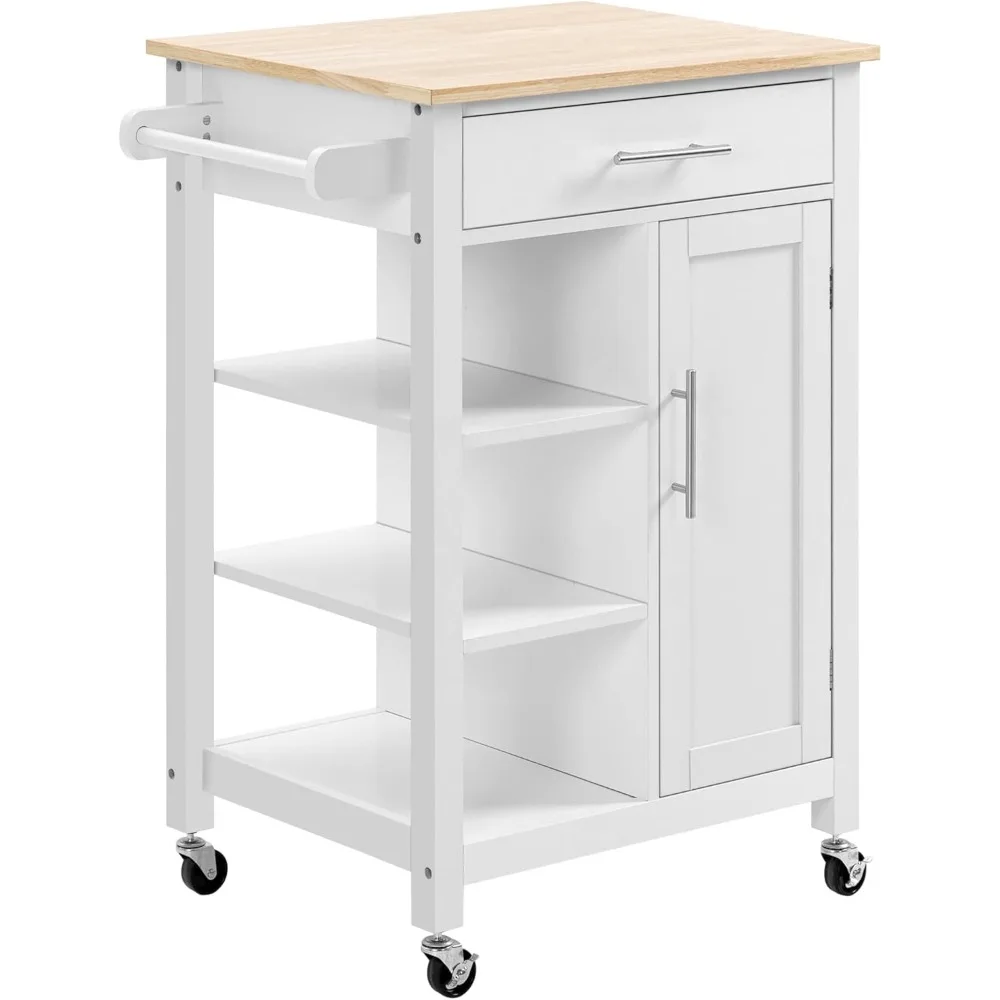 Kitchen Island Cart, Rolling Kitchen Island with Storage Shelf, Solid Wood Top, Drawer, for Dining Room, White