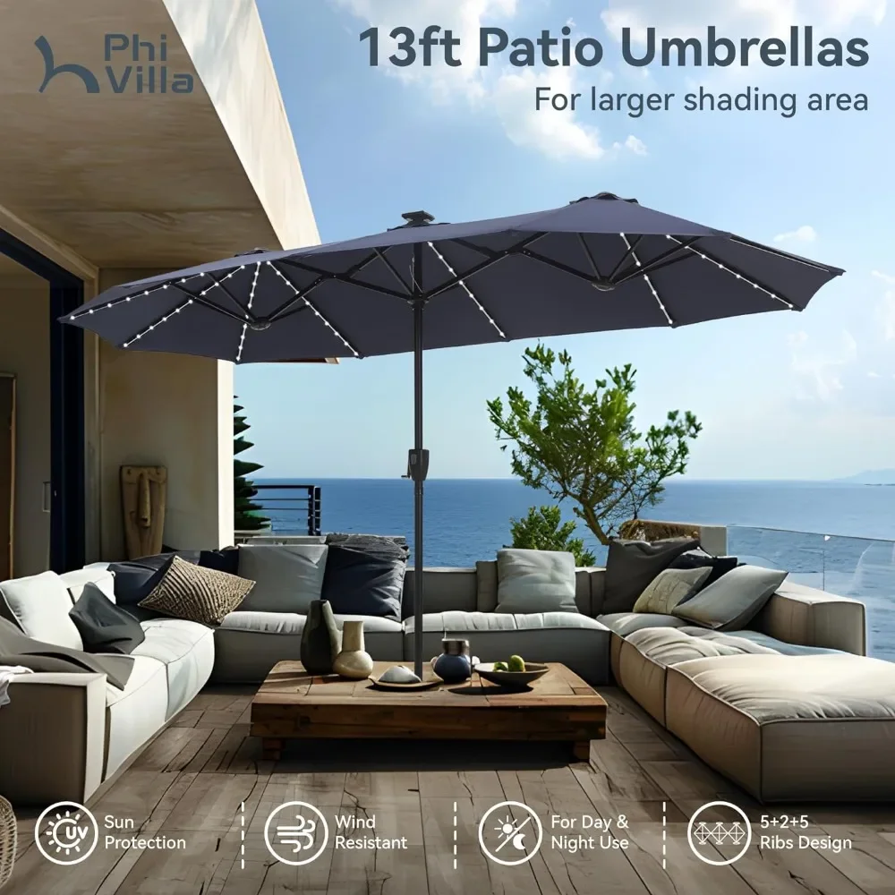 Parapluie rectangulaire double face avec lumières LED, grand parapluie avec lumières solaires, marché extérieur, 120 pièces, 13 pieds