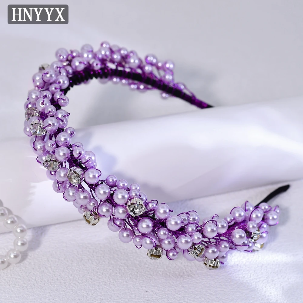 

HNYYX Purple Pearl Headband Sparkling Rhinestone Hair Piece Elegant Festive Headwear for Women Fashion Party Headdress A80