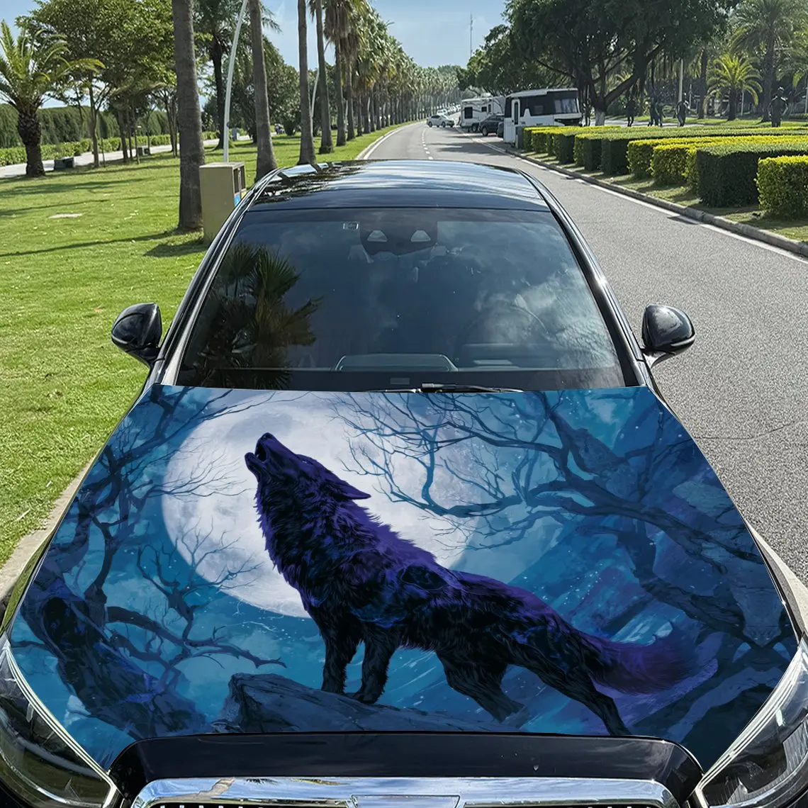 

Purple - Patterned Wolf Howling Under Moon Car Vinyl Wrap, PVC Material Waterproof Car Hood Sticker, Self-Adhesive Scratch-Resis