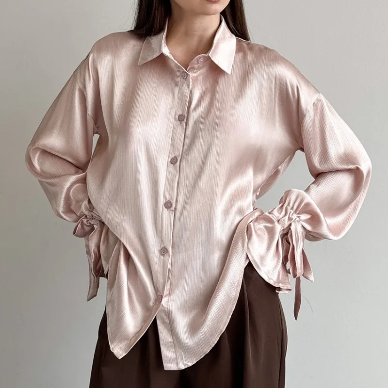 

Women'S Elegant Single Breasted Buttons Shirt Long Petal Lace Up Sleeve Lapel Ribbon Shirt Blouse Tops Autumn Spring Office Lady