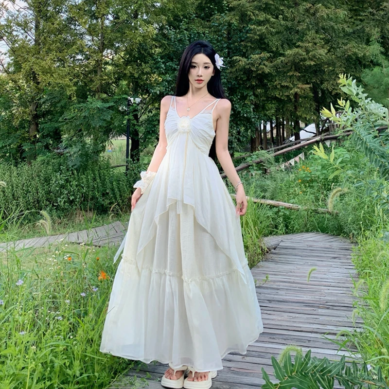 Retro Aosphere Fairy T Vaion Floral Lace  Strapl Dr White Gown with High Waist Cake Skirt Sle V-Ne A-Li...