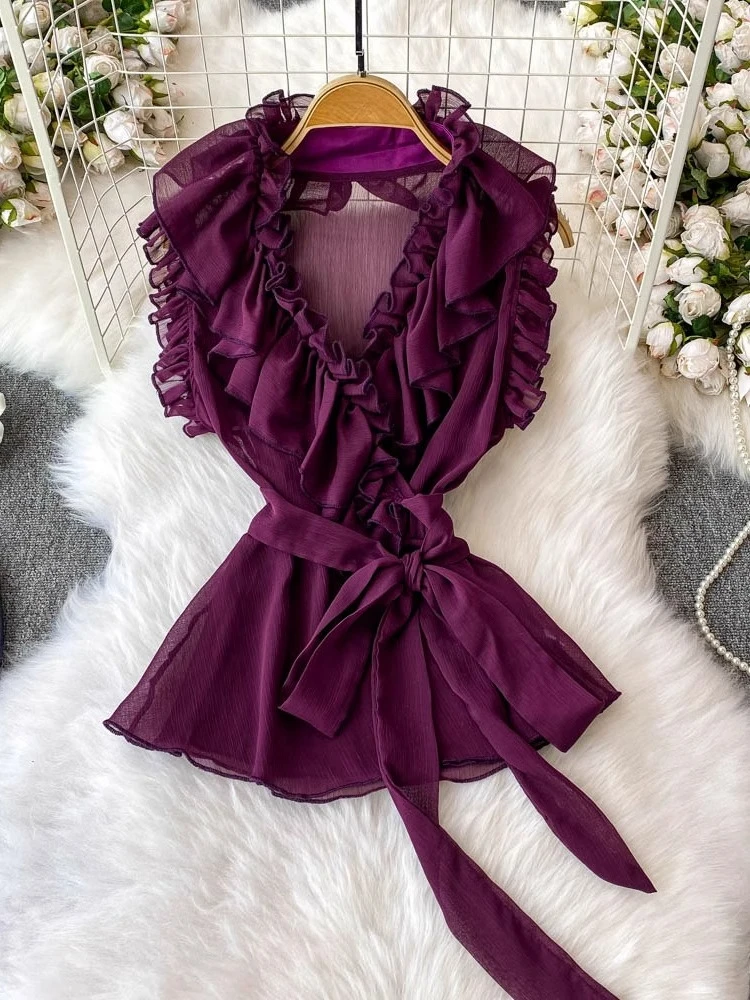 

2025 Summer New Crop Tops Solid Color Ruffles Lace-up V Neck Sleeveless Shirts Summer Vintage Blouses Female Slim Women Clothing