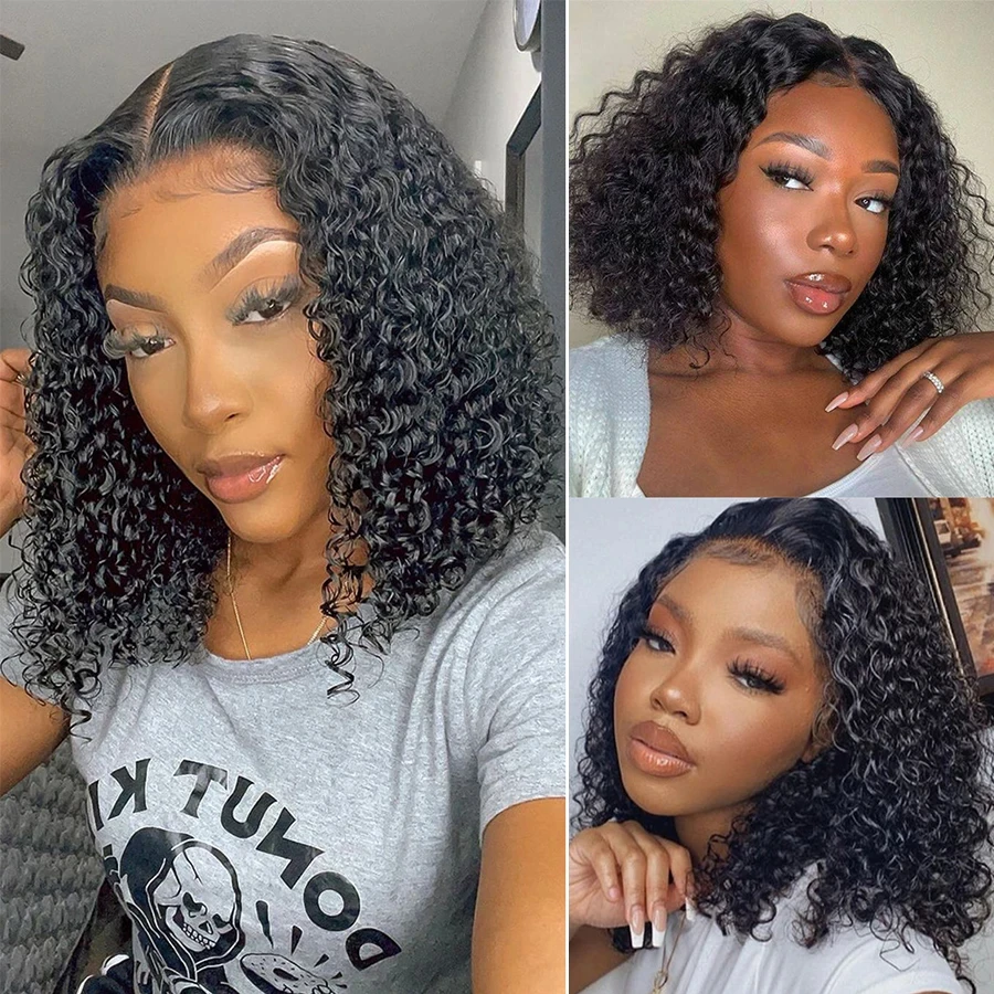 Cheap Deep Wave Bob Human Hair Wig 200 Density 13x4 Transparent Curly Lace Frontal Wig 16 inch Pre Plucked For Black Women