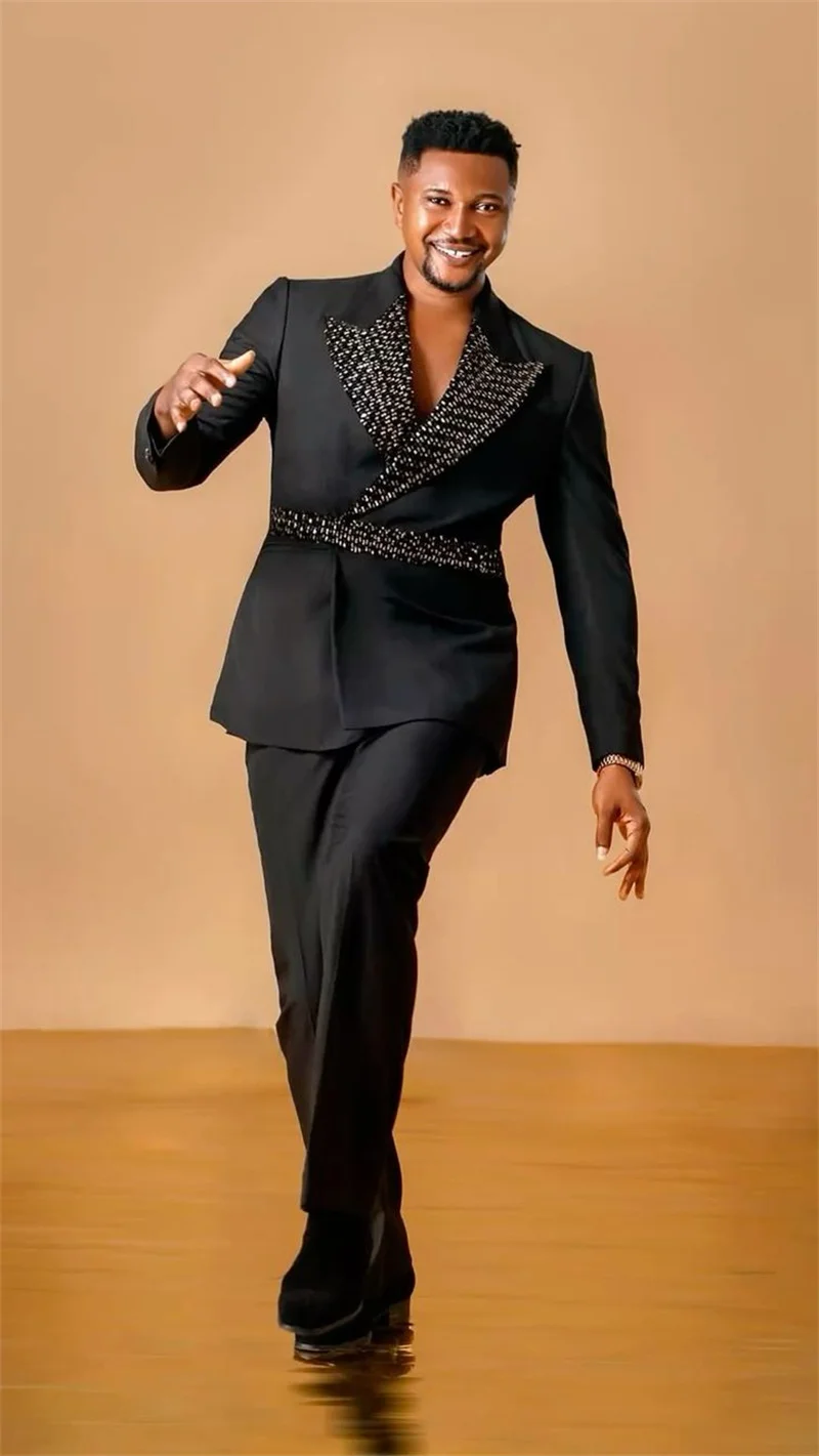 

Crystals Black Men Suits Set 2 Pcs Blazer+Cotton Pants Trousers Belted Wedding Tuxedo Formal Office Business Groom Jacket Coat