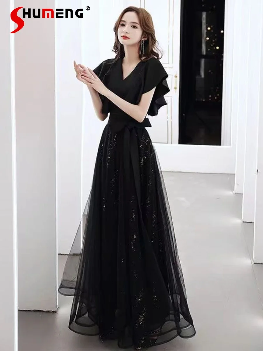 Fashion 2024 Summer Black Long Dress V-neck Slim Slimming Light Luxury Dresses Feminine Short Sleeve Elegant Chic Zipper Dresses