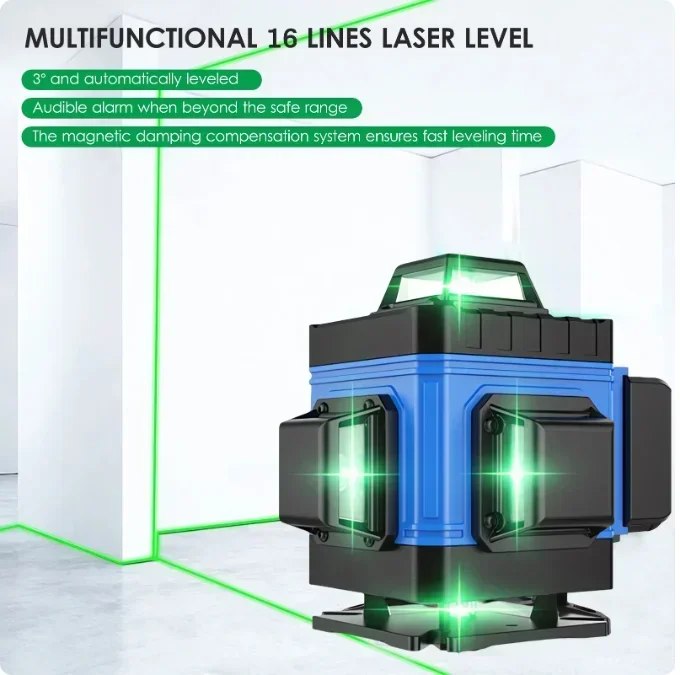 4D 12/16 Lines Laser Level Cross Wall Tile Line Laser Levels Green Beam Lines Multifunction & Remote Control with Li-ion Battery