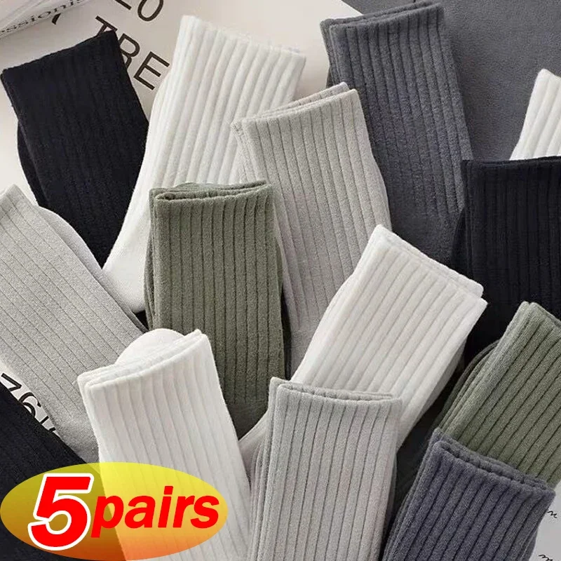 5pairs Black White Mid Tube Socks Men Retro Non-slip Stripe Versatile Business Male Sox Casual Sports Cotton Short Sock