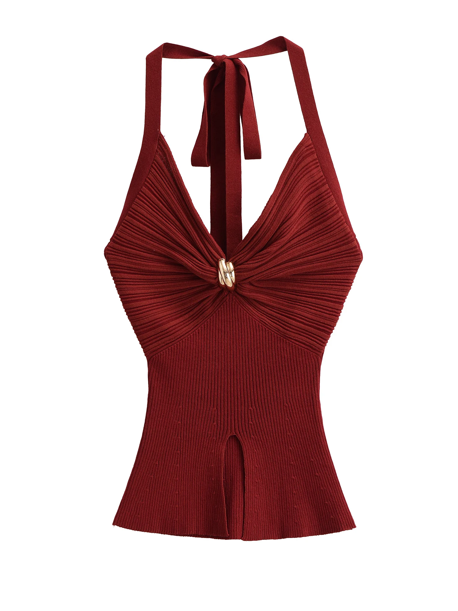 Sexy Knitted Vest Pure Desire Sle V-Ne Slit Metal Bule oulder Bared Belted Slim Fit Hanging Strap Top for Women