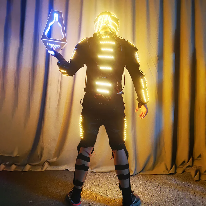 LED Glowing Armor Men Costume Stage Performance Wine Costumes Bar Props Long Hair Helmet Armor Suit Cosplay Clothing