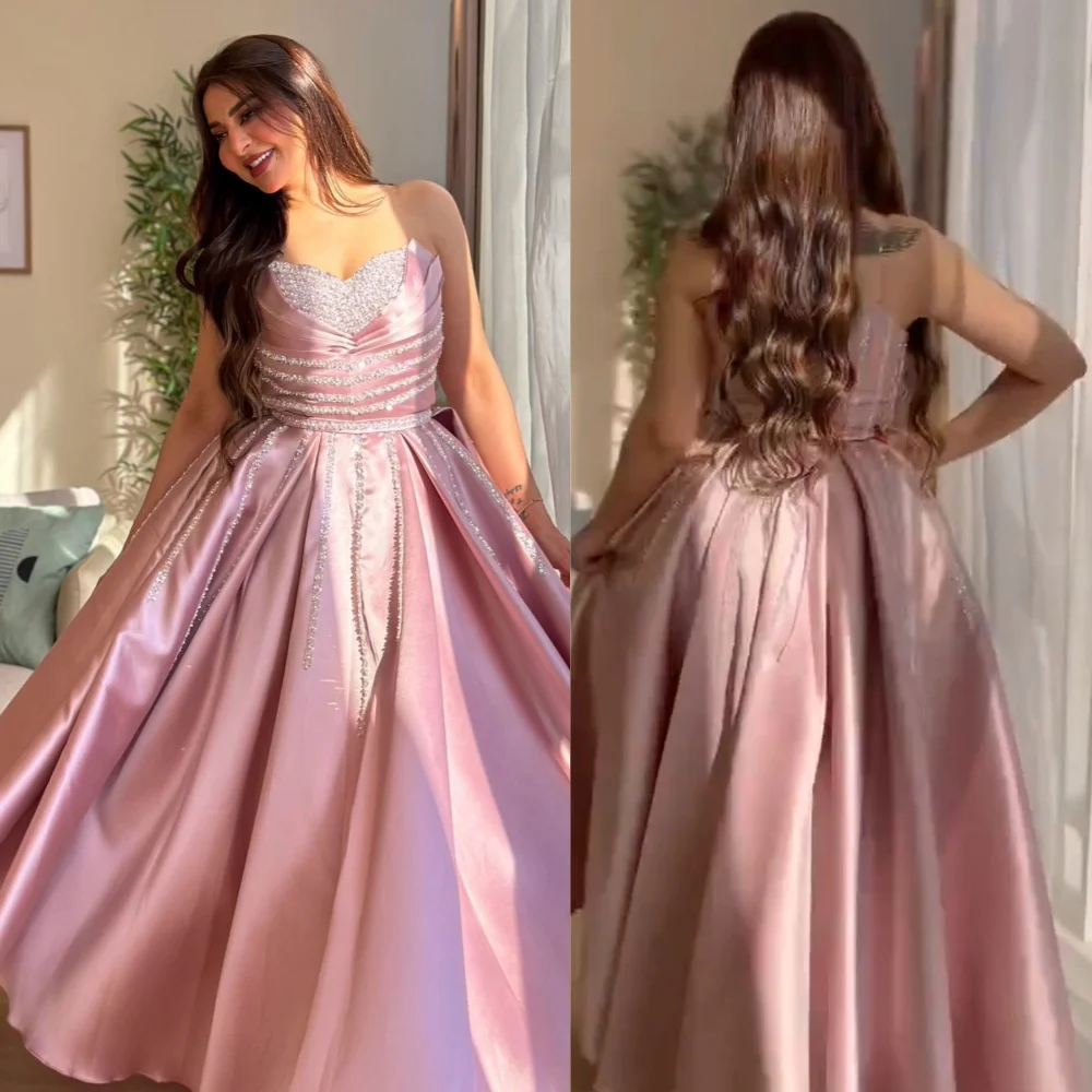 

Customized Sparkle Exquisite Satin Draped Pleat Sequined Engagement A-line Strapless Bespoke Occasion Gown Long Dresses