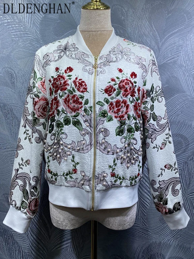 

DLDENGHAN Women's O-Neck Long-Sleeved Beaded Jacquard Jacket with Pockets Indie Folk Style Early Autumn Fashion for Females