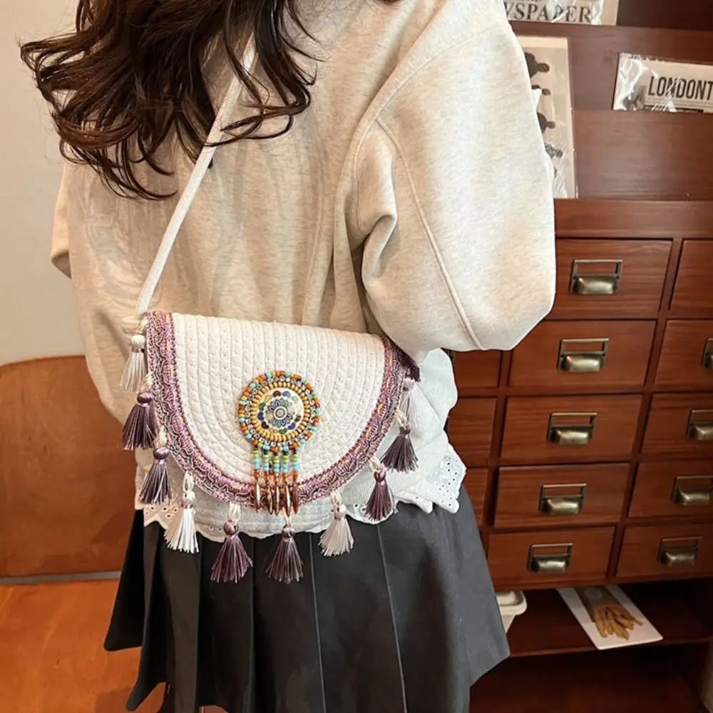 

Casual Vintage Ethnic Style Crossbody Bags Leisure Large Capacity Fringe Shoulder Bag Geometric Woven Bohemian Tassel Bag Travel