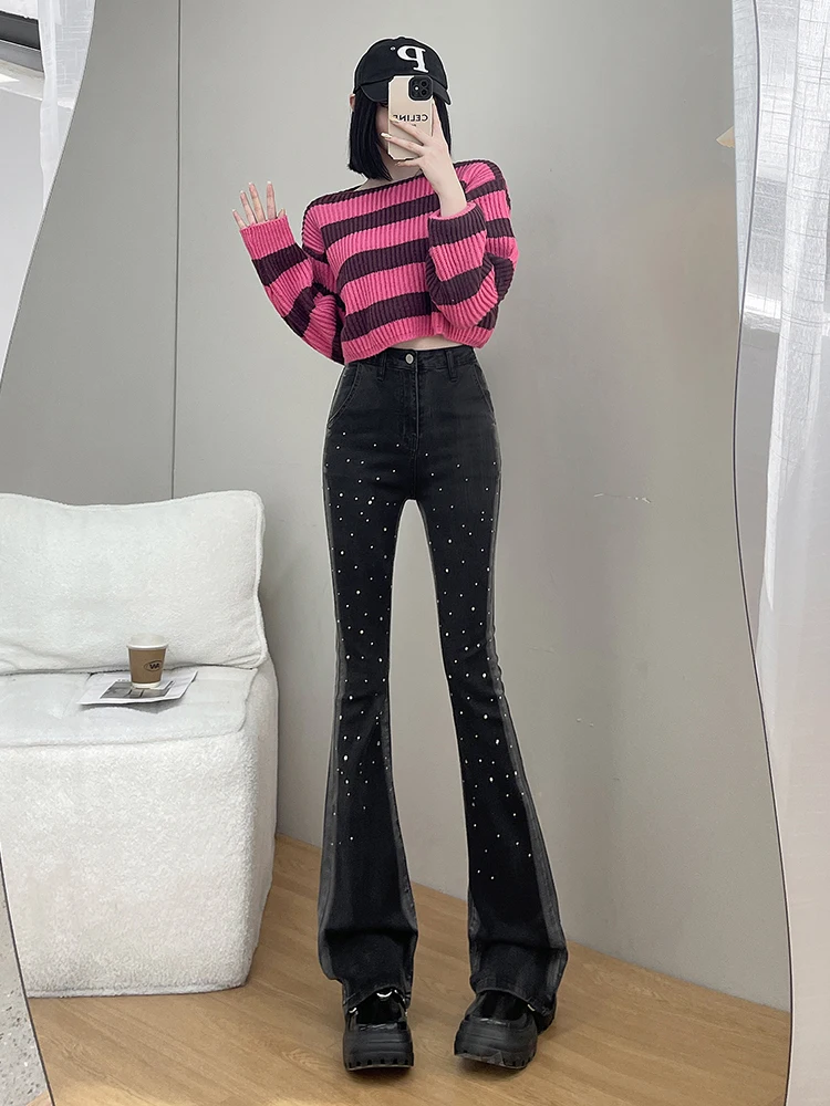 

High Waist Bell Bottom Jeans Women's Gradient Black Grey Rhinestone Slimming Cotton Stretch Denim Pants Autumn Fashion