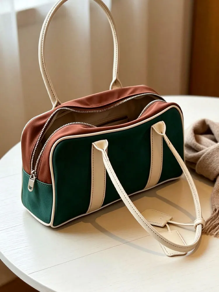 Green And Brown Large Capacity Canvas Tote Bag Women's Commuter Bag Handheld Shoulder Bag Korean Style Soft Handle Bag