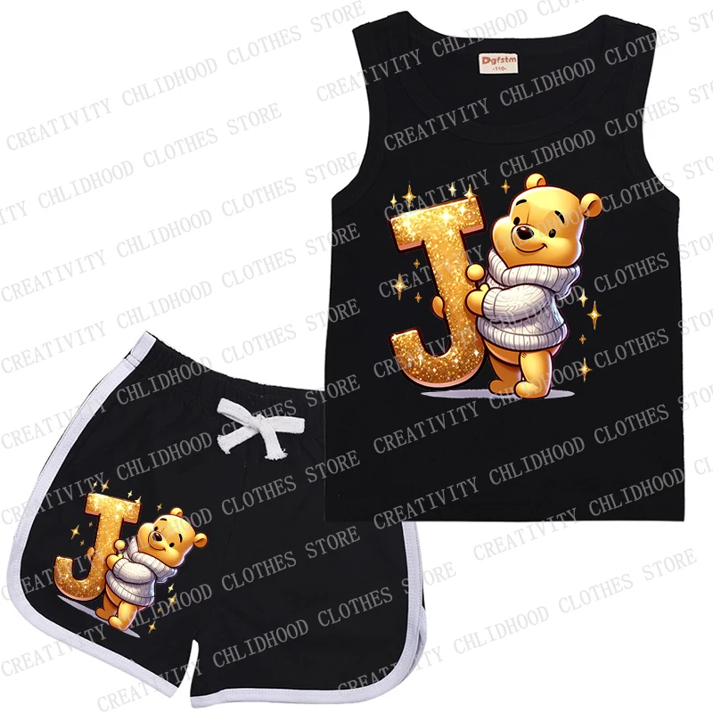 Traje deportivo de Winnie The Pooh para niños, chaleco y pantalones cortos con letras A, B, C, D de Disney, ropa informal de dibujos animados, conjuntos sin mangas para niños y niñas