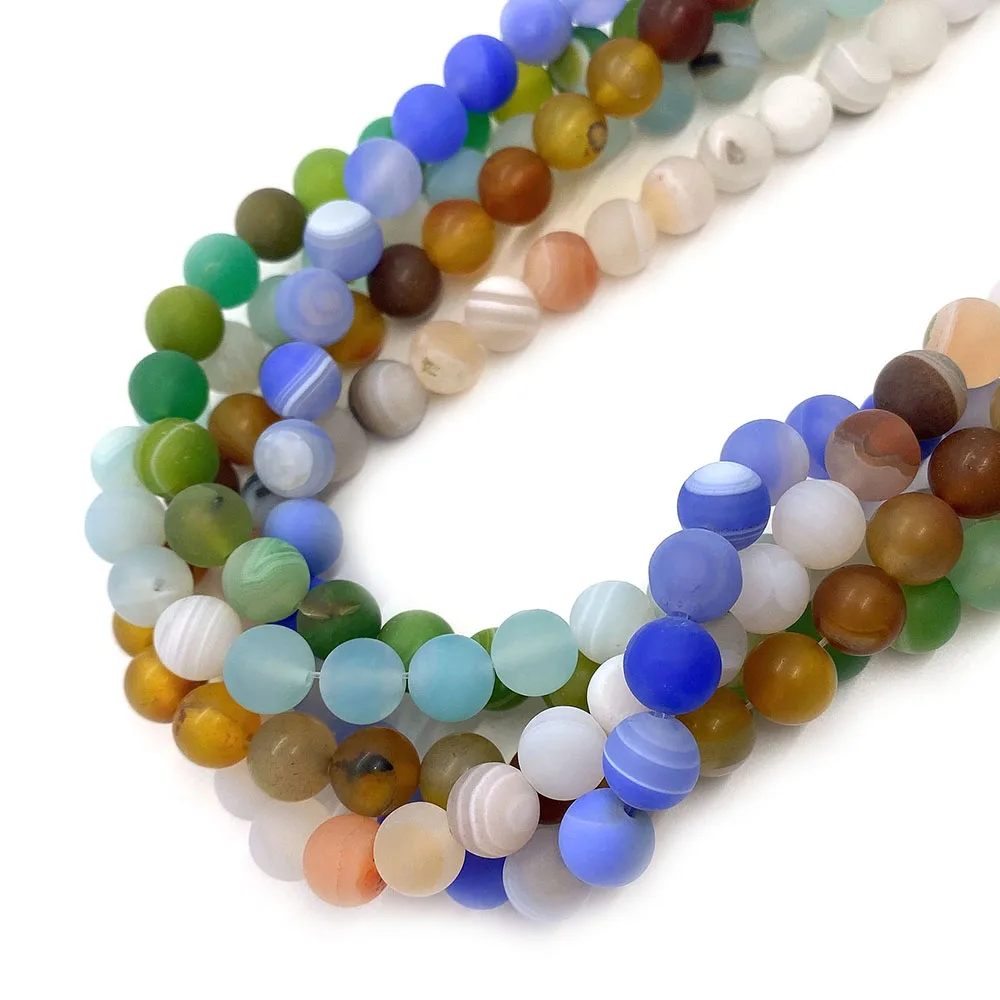 Natural Stone Beads Green Frosted Stripe Agate Blue Scrub Round Loose Beads for Jewelry Making Bracelet Accessories 15'' Strand