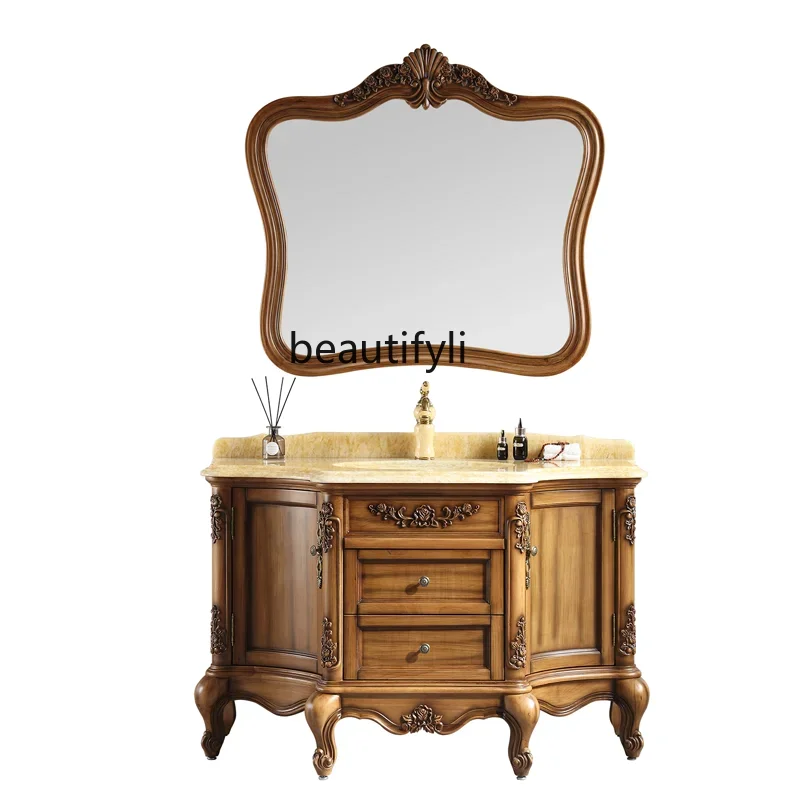 

cqyHigh-End European-Style Bathroom Cabinet Villa Special Washbasin Cabinet Combination Oak Solid Wood Washstand