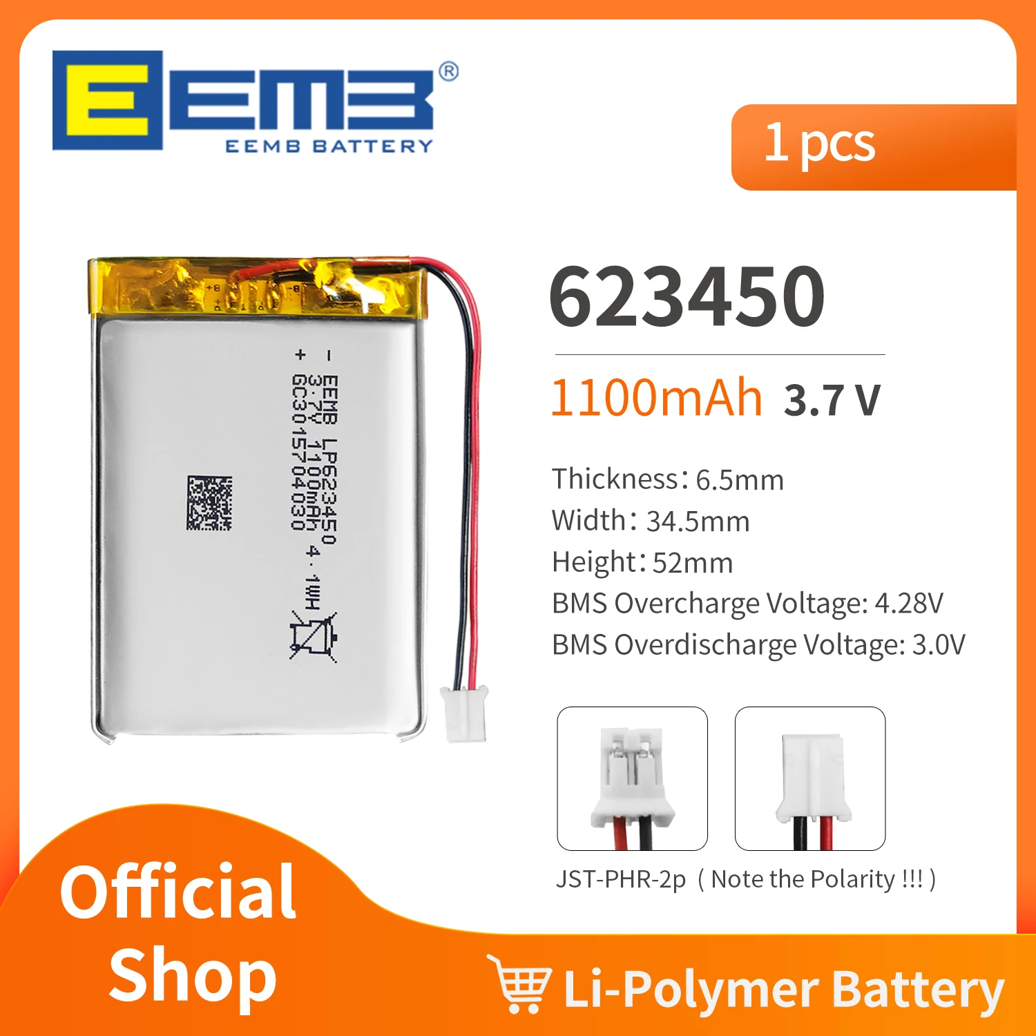 EEMB 623450 3.7V Battery 110mAh Rechargeable Lithium Polymer Battery Pack For Dashcam,Flashlight,Bluetooth Speaker, GPS,Camera