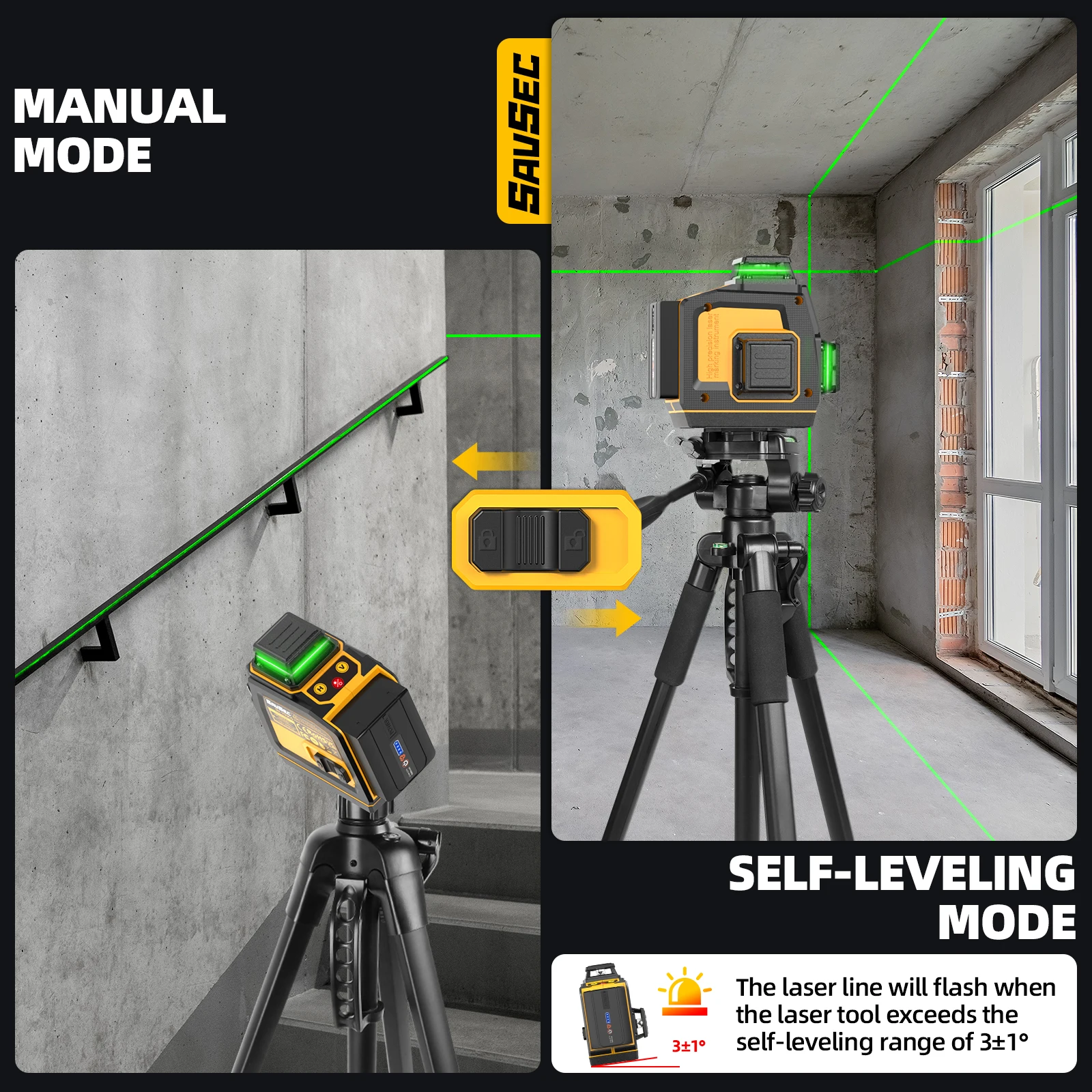 3D 12 Lins Self Leveling Laser Level SAVSEC 3 x 360° Stepless Dimming Green Cross Lines Laser with Remote Control Li-ion Battery