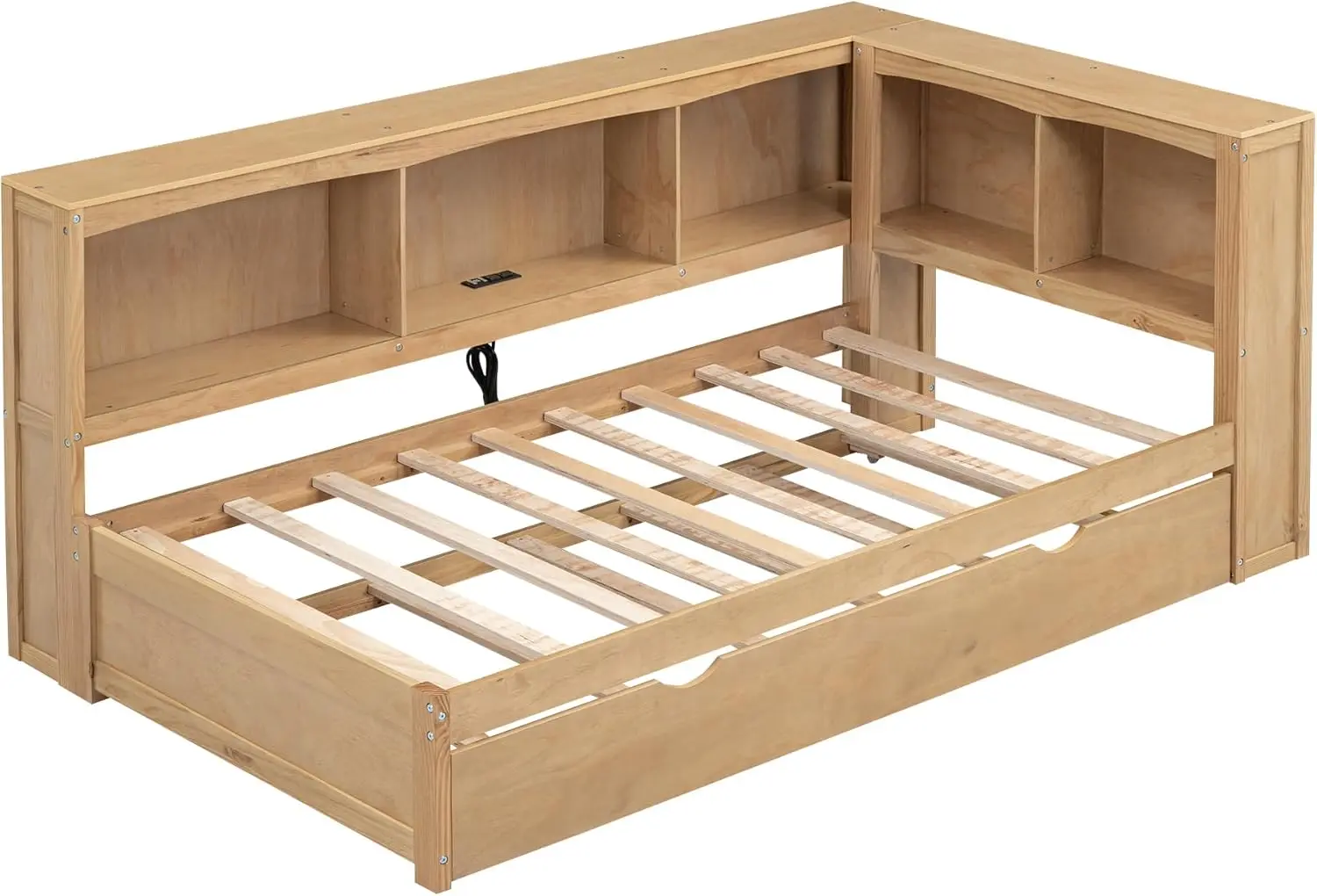 Daybed kayu ukuran ganda dengan Trundle, Daybed dengan lemari penyimpanan dan port Usb, Daybed untuk anak-anak, anak laki-laki dan perempuan (kayu)