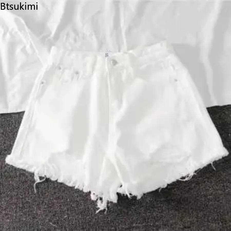New 2025 Women's Summer Denim Shorts Solid High Waist Ripped Wide-Legged Super Short Shorts Loose Burrs A- Line Hot Pants Thin