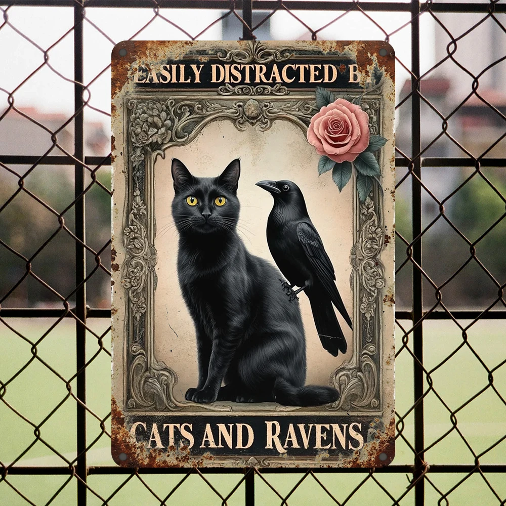 Letrero artístico de pared de Metal plano, Vintage, gato negro y cuervo, fácil de colgar para placa de Bar de granja al aire libre, decoración de regalo Ideal