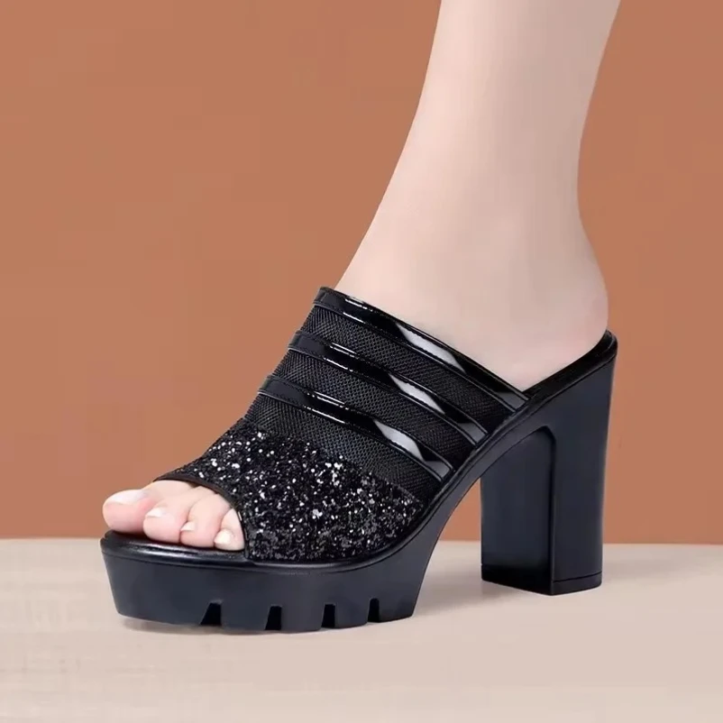 2025 10 سنتيمتر ashion الأحذية النعال المرأة الصيف المفتوحة تو منصة الدانتيل الأسود عالية الكعب اللمحة تو حذاء بكعب سميك الصنادل الحفلات 32 43 #3