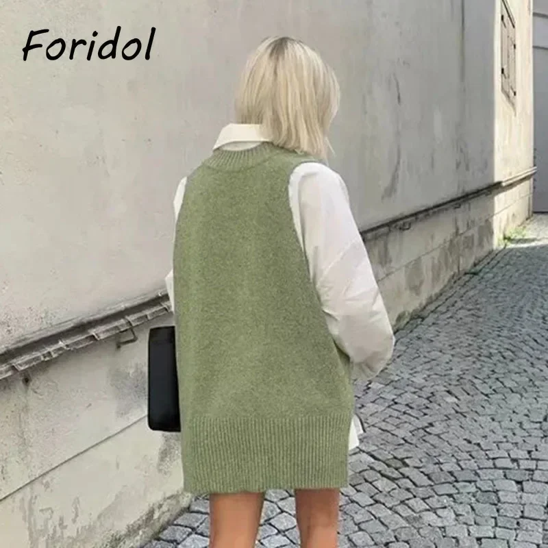 Foridol V Neck Sleeveless Long Waistcoat Women Autumn Winter Sweater Vest Oversized Casual Office Streetwear Gray Vest Pullover