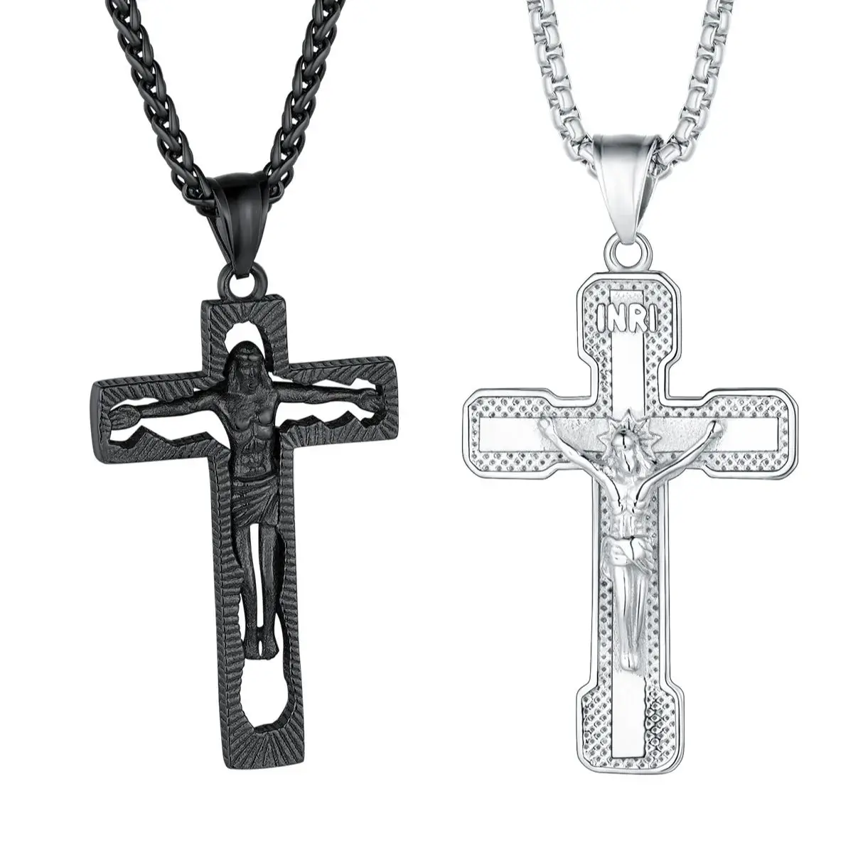 U7 Vintage Style Crucifix Jesus Cross Pendant Necklaces Box Link Wood Beads Chain Retro Catholic Church Religious Unisex Jewelry