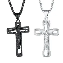 U7 Vintage Style Crucifix Jesus Cross Pendant Necklaces Box Link Wood Beads Chain Retro Catholic Church Religious Unisex Jewelry