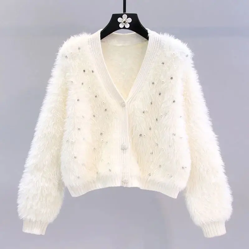 

Small-scented Beaded Imitation Mink Plush Sweater Jacket Women's Autumn Winter New Loose Short V-neck Knitted Cardigan