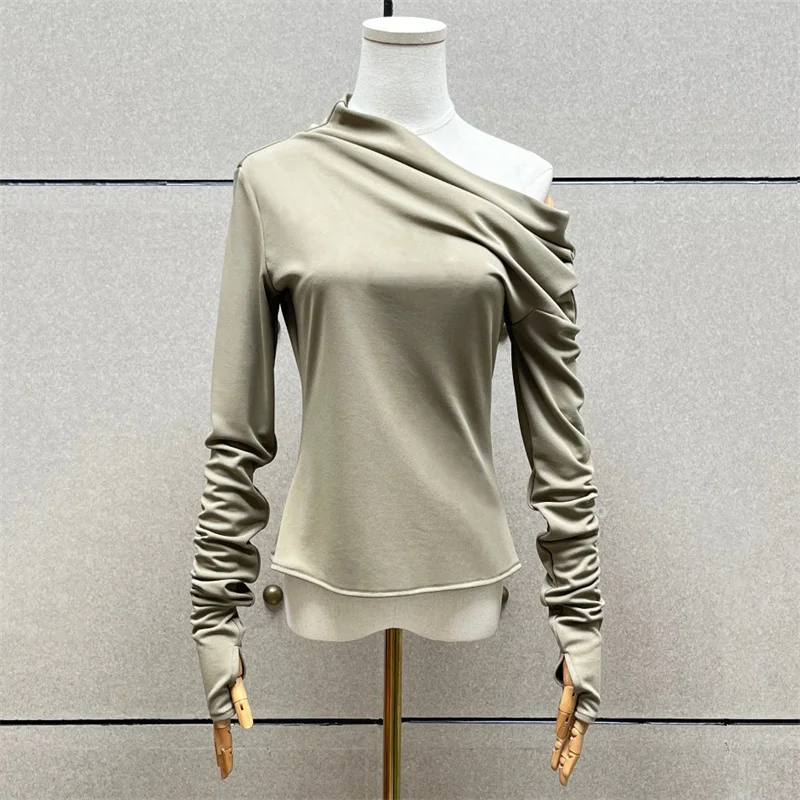 women's t-shirt New asymmetrical slim fit women's long sleeved top for autumn 2026 Slanted collar off shoulder pullover corset