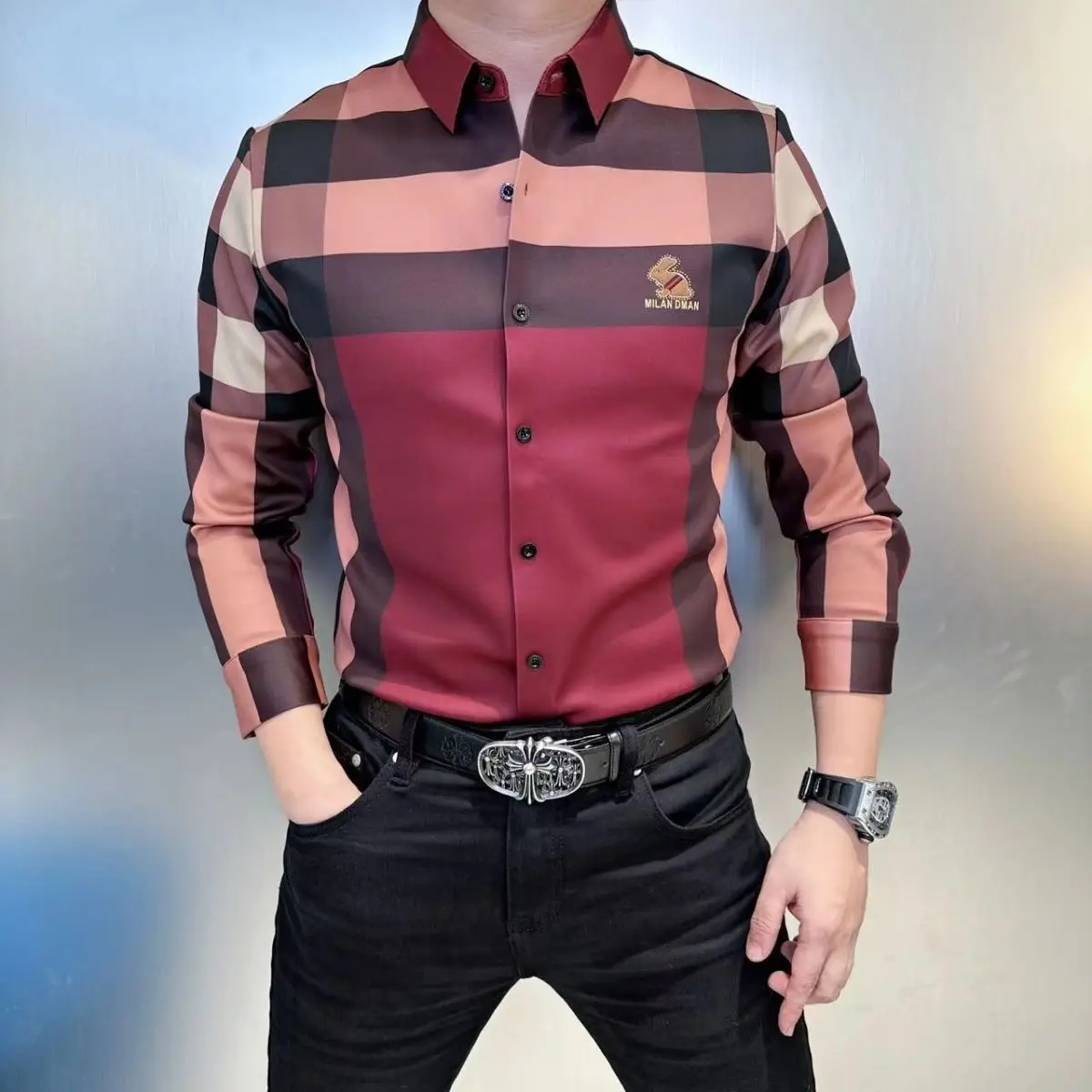 2023 Straight Men\'s Clothing Handsome Printing Striped Casual Shirts Fashion Turn-down Collar Long Sleeve Temperament Tops Men