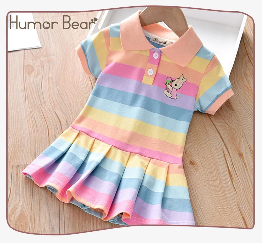 

Humor Bear Girl's Sunshine Rainbow Sports Dress Animal Embroidery Students Polo Shirt Striped Short Sleeve Skirt Children's Wear