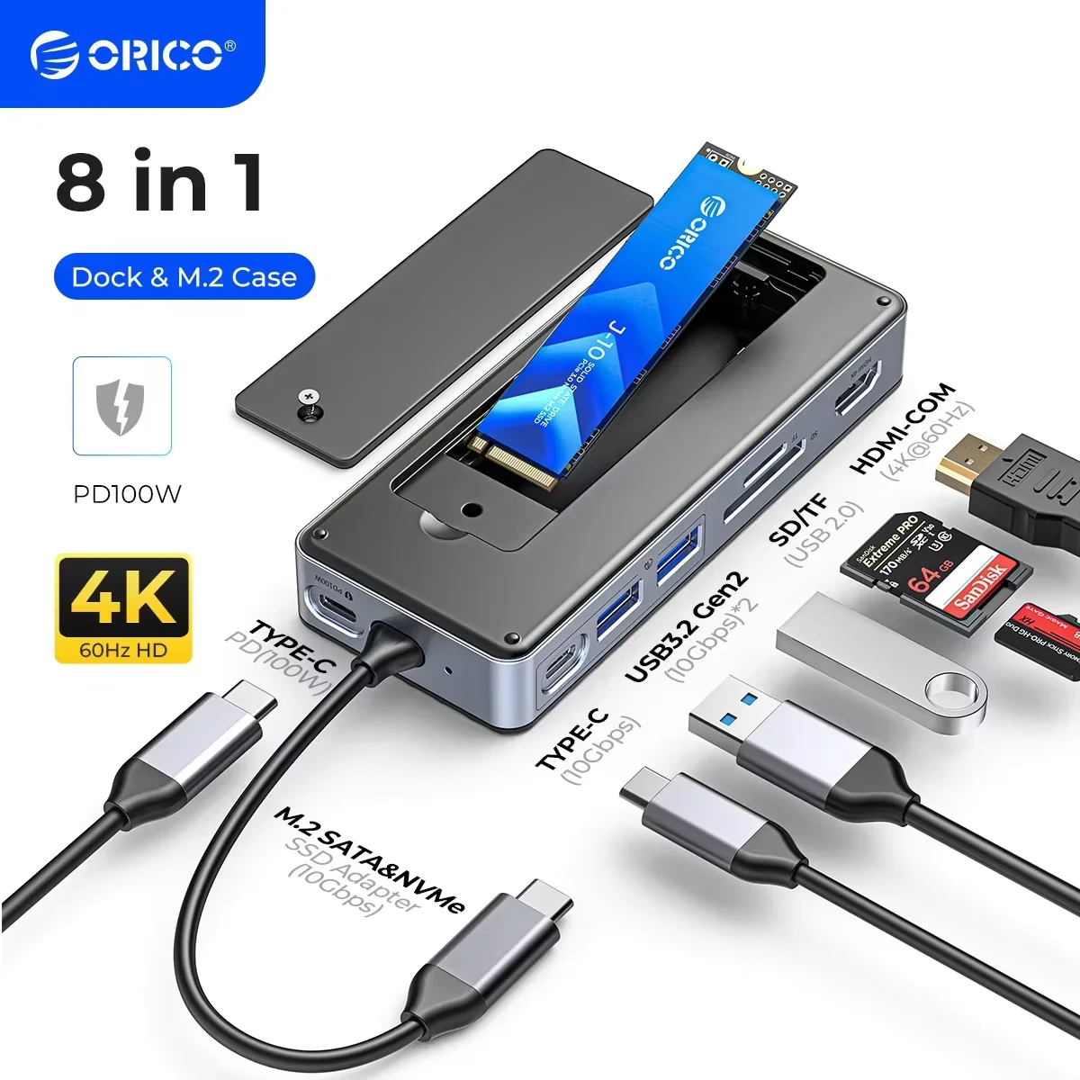 ORICO 8T M.2 SSD Enclosure Docking Station Type-C USB Hub with HDMI-Com 4K@60Hz SD/TF USB 3.2 Adapter for Laptop Desktop PC