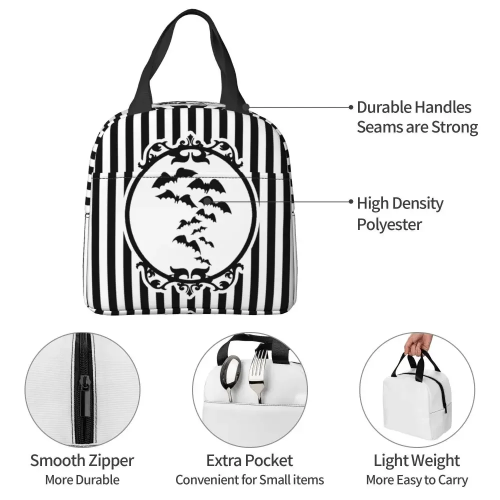 Stripes And Bats Resuable Lunch Boxes for Women Waterproof Goth Occult Witch Halloween Thermal Cooler Food Insulated Lunch Bag