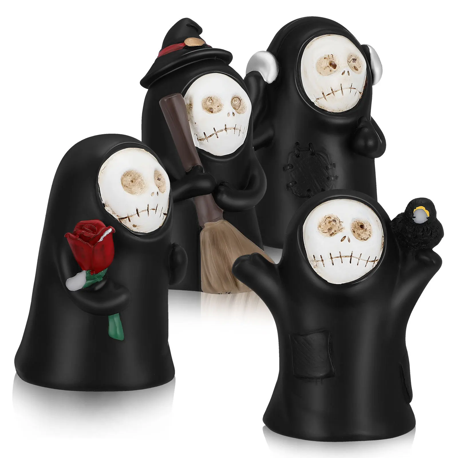 

1Set Halloween Skull Ghost Decoration Black Robe Resin Desktop Ornament Spooky Home Office Table Centerpiece Party Supply