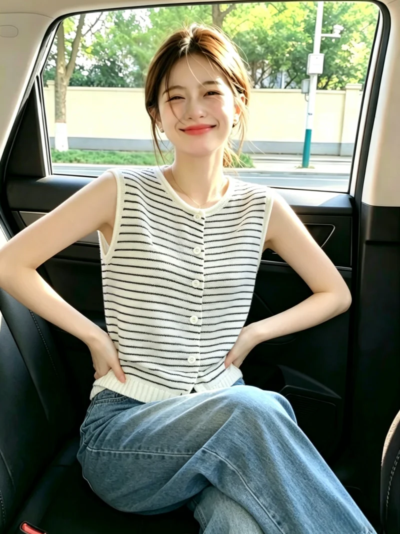 

Retro Striped Sleeveless Knitted Open Cardigan Women's Summer New Gentle Age-Defying Shoulder Top Self-Keeping Style