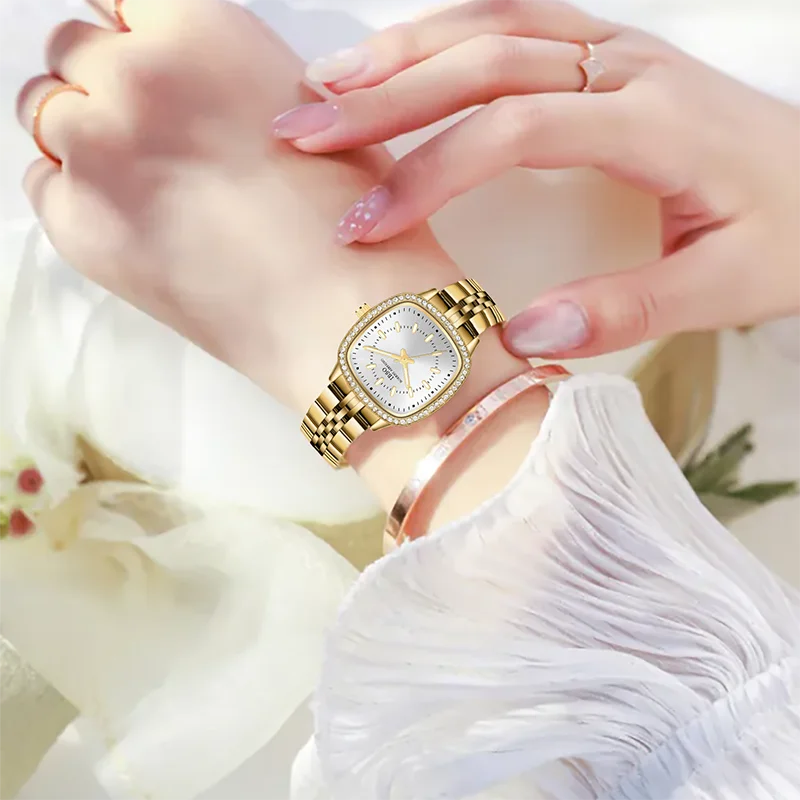 Reloj cuadrado de moda para mujer, reloj de mano de cuarzo Vintage resistente al agua de acero negro, reloj de pulsera Original exquisito para mujer dorado