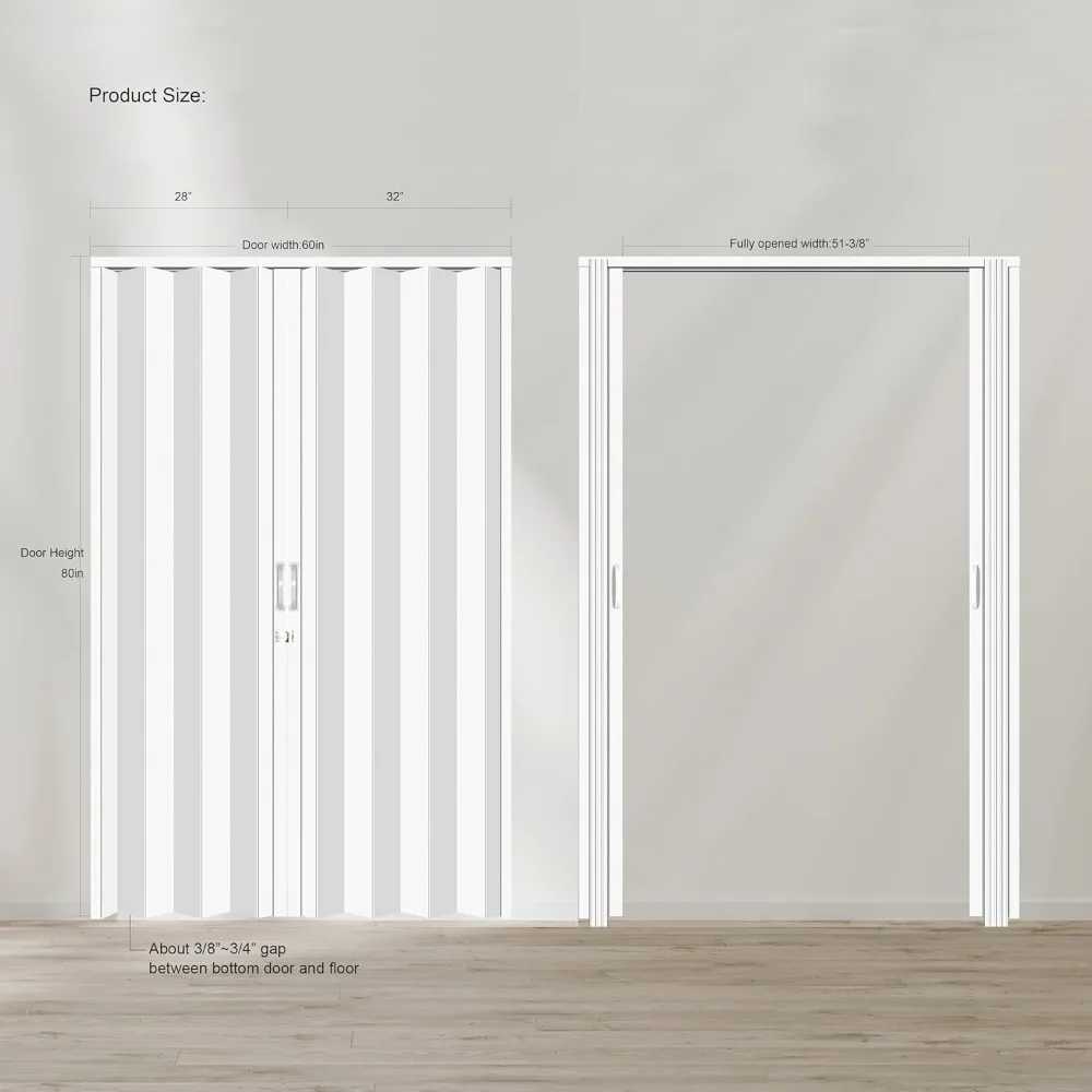 باب خزانة ثنائي الطي من مادة PVC بيضاء مقاس 60 × 80 بوصة مع أجهزة، سهل التركيب، بدون مسار أرضي