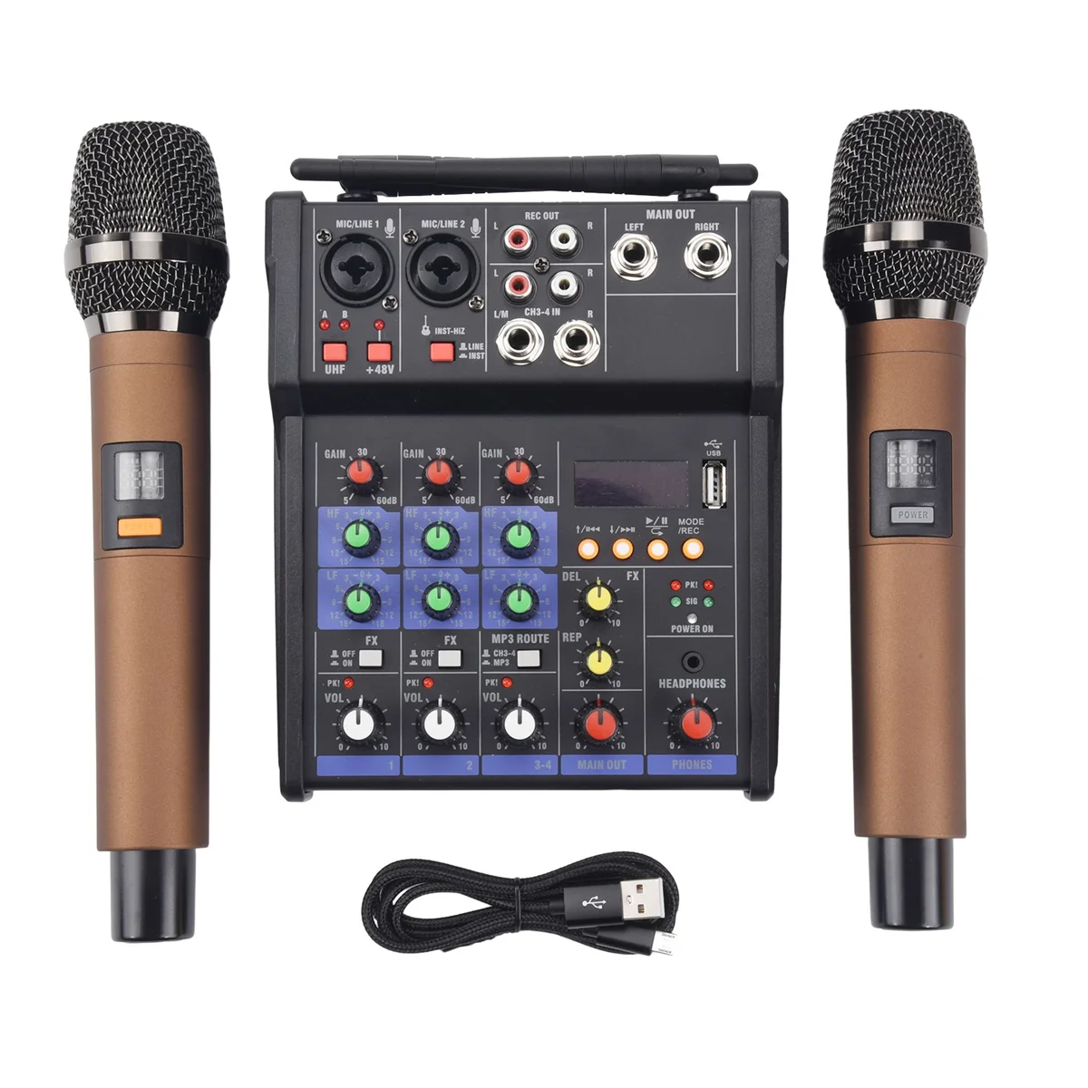 

4 Channel Audio Mixer Console with Wireless Microphone Sound Mixing with Bluetooth USB Mini Dj Mixer+Wireless Karaoke