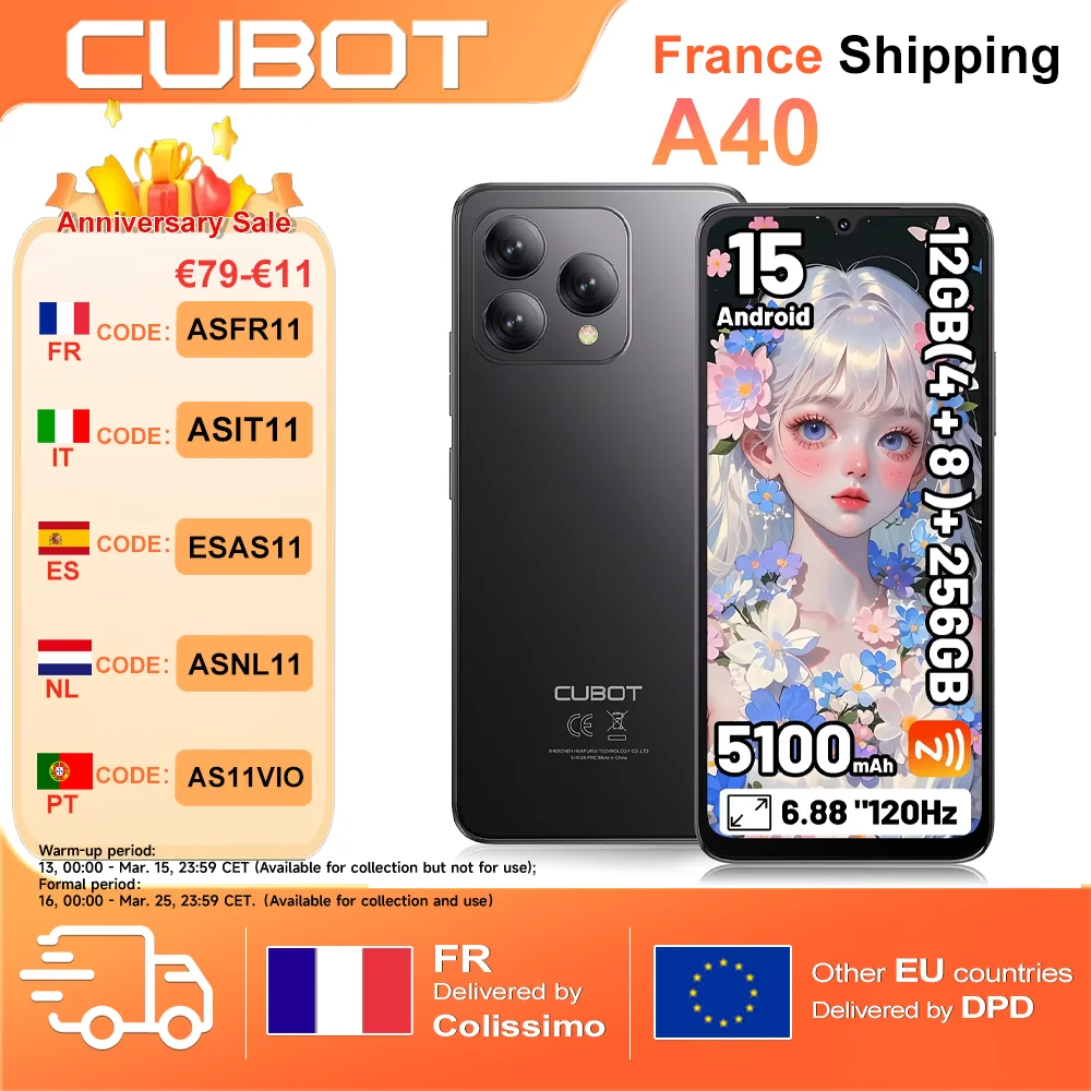 Cubot A40 Smartphone 12 Go(4 + 8) + 256 Go 6,88 ''120Hz Android 15 5100mAh NFC/GPS Reconnaissance faciale Téléphone 4G Portable IPS