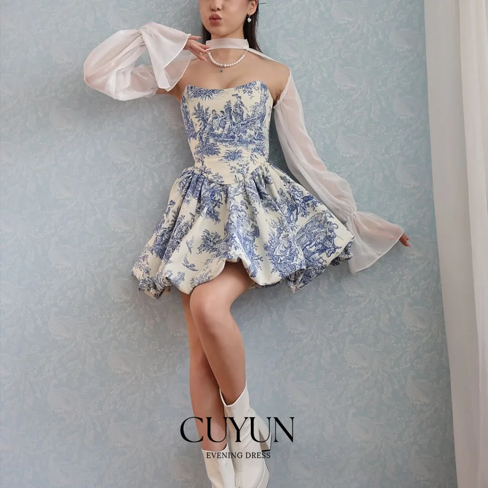 

CUYUN Customized Luxury Printing Mini Prom Dresses Long Sleeves Vintage Short Party Gown Homecoming Dresses Corset Back
