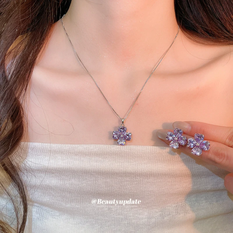 Korean Version Super Sparkling Zircon Flower Earrings Necklace Exquisite Elegant Temperament Jewelry Set, light Luxury High-end