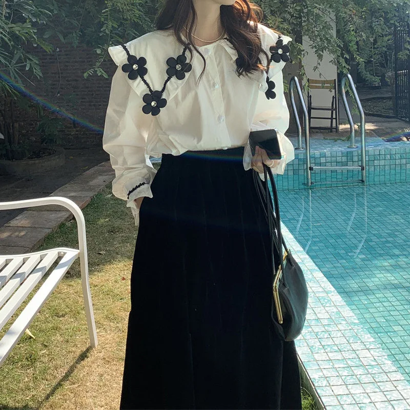 Korean White Loose Youth Shirt Tops Spring Autumn New Long Sleeve Solid Color Fashion Blouse Sweet Temperament Women Clothing