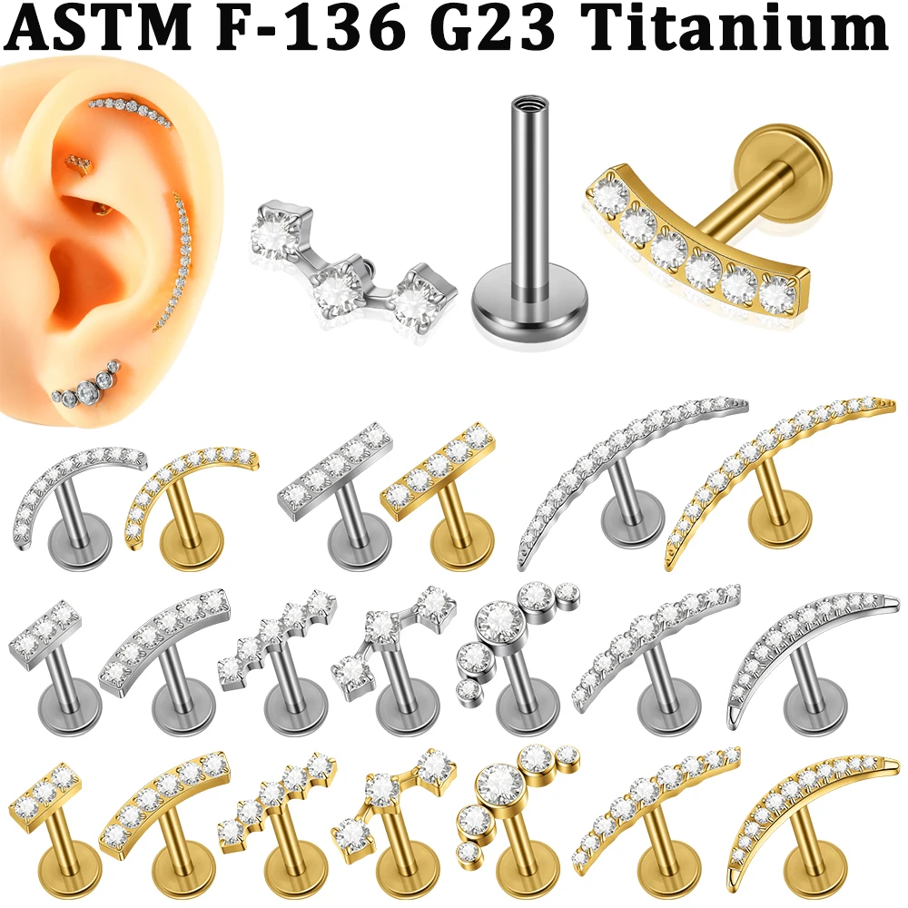 1 Stück Halbmond-Ohrring mit vielen Zirkonia-Steinen, 16G G23 Implantat-Titan, CZ-Pavé, flache Rückseite, für Knorpel, Tragus, Conch, Rook