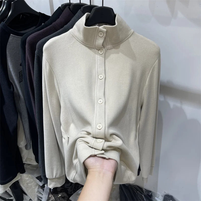 مزدوجة الوجهين أفخم البلوز المرأة الخريف الشتاء لينة الوقوف طوق واحدة الصدر فضفاضة سميكة سترة بأكمام طويلة